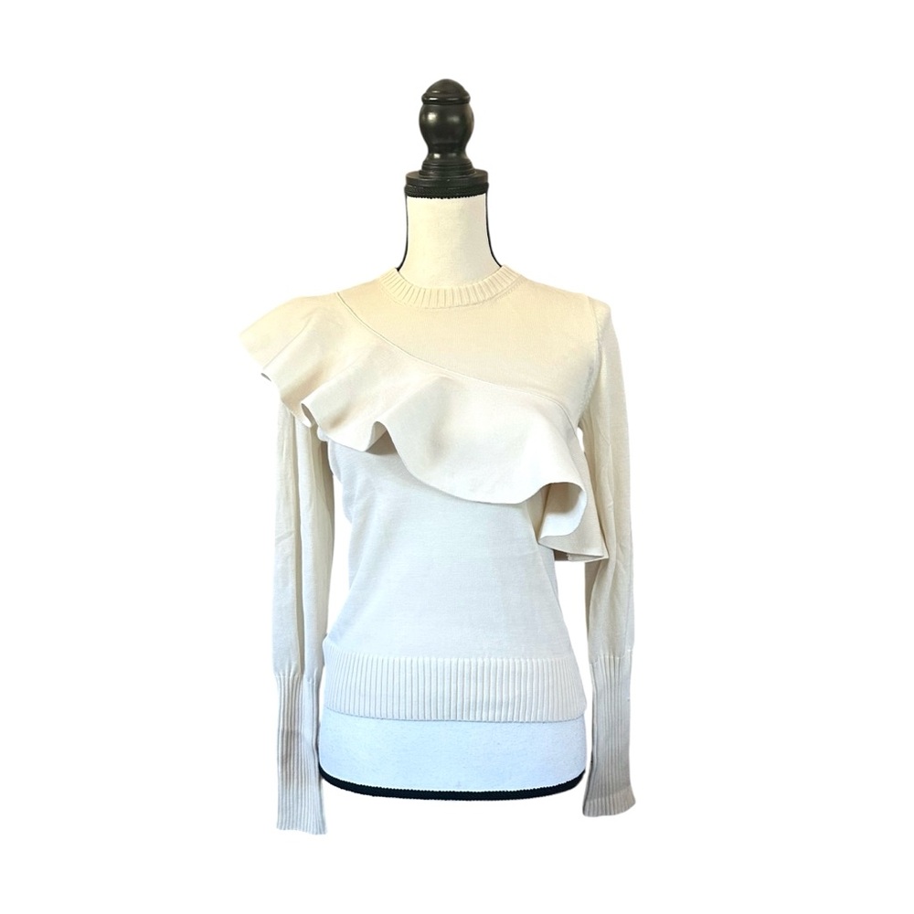 Apiece Apart Sterre Ruffle Crewneck Sweater Cream Minimalist Quiet Luxury XS NWT